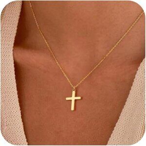 Cross Necklace for Women 14K Gold Plated Cross Pendant Simple Cute Necklace